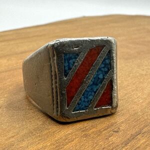 VINTAGE NATIVE AMERICAN NAVAJO TURQUOISE CORAL CHIP INLAY STERLING SILVER RING